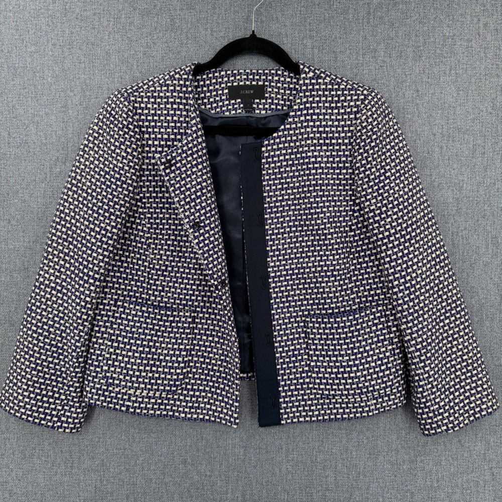 J.Crew Navy White Metallic Tweed Silk Blend Blazer Jacket Size 12 Preppy Twee